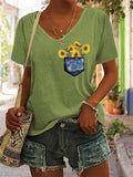 Women's Funny Van Gogh Sunflower Pocket Print V-Neck T-Shirt