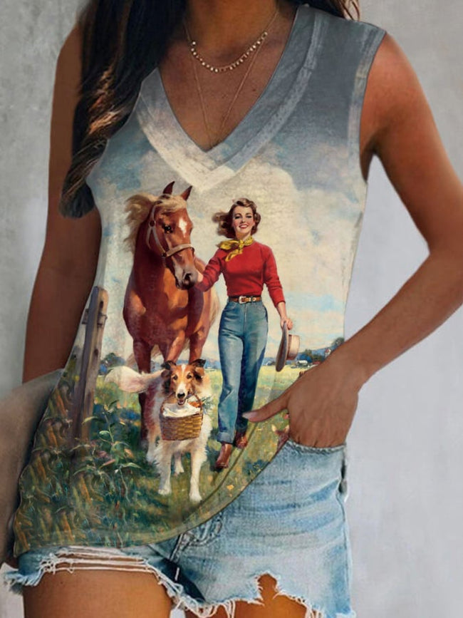 Women's Western Vintage Print V-Neck Tank Top