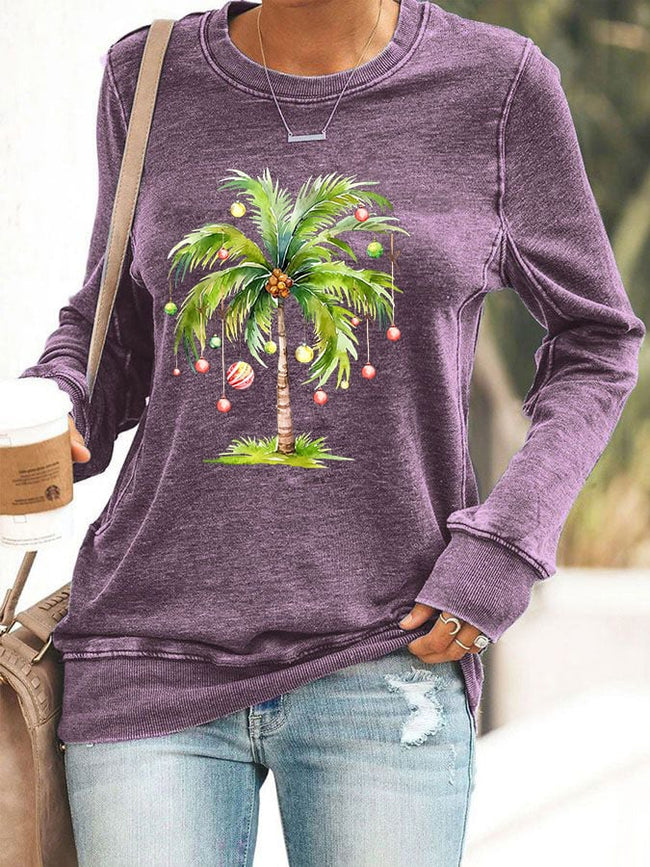 Women's Casual Christmas Palm Tree Printed Long Sleeve Sweatshirt