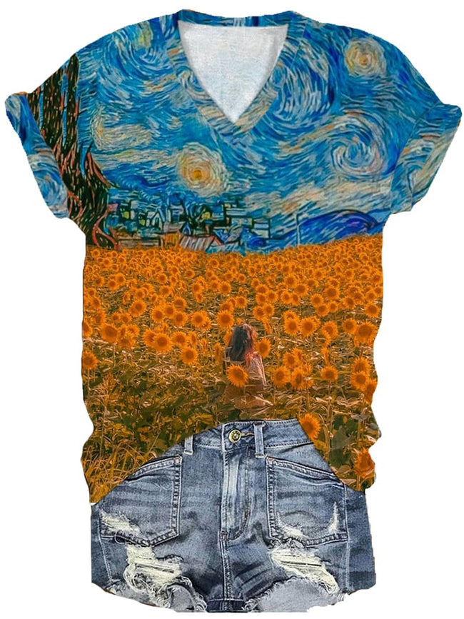 Women's Sunflower Star Print Short Sleeve T-Shirt