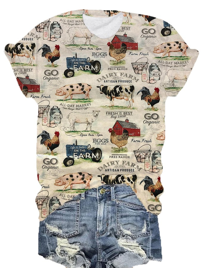 Women's Vintage Western Farm Animal Print Crew Neck T-Shirt