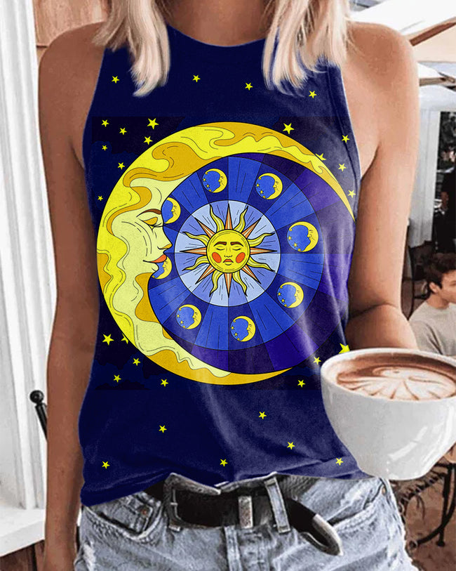 Women's Retro Sun Moon Star Crew Neck White Tank Top