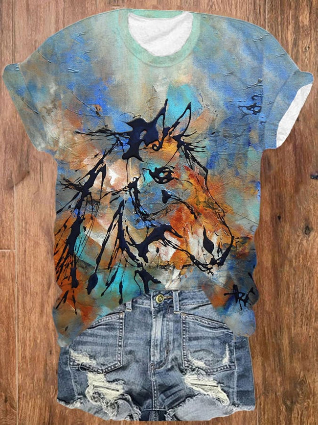 Women's oil painting horse casual T-shirt
