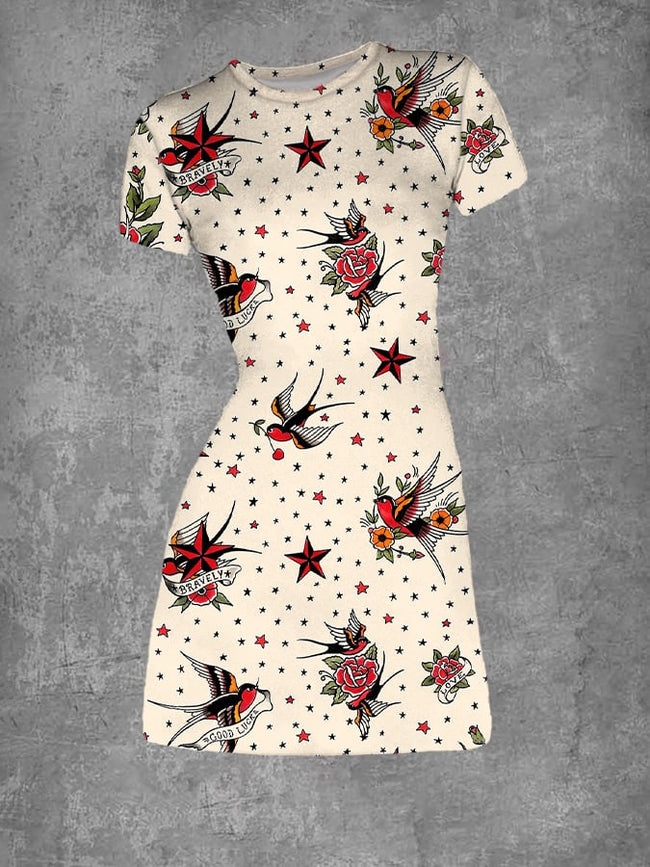Women's Old School Swallow Tattoo Print Dress