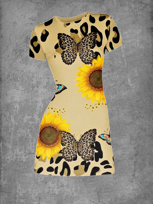 Vintage Elegant Round Neck Butterfly Sunflower Print T-Shirt Dress