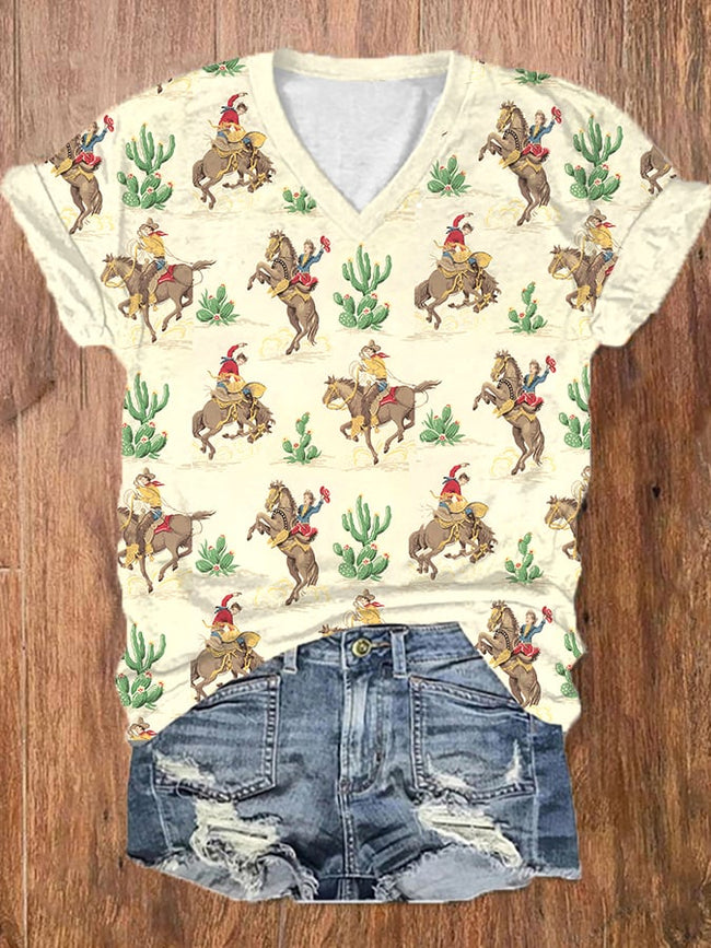 Women's Vintage Western Cowboy Horse Print T-Shirt