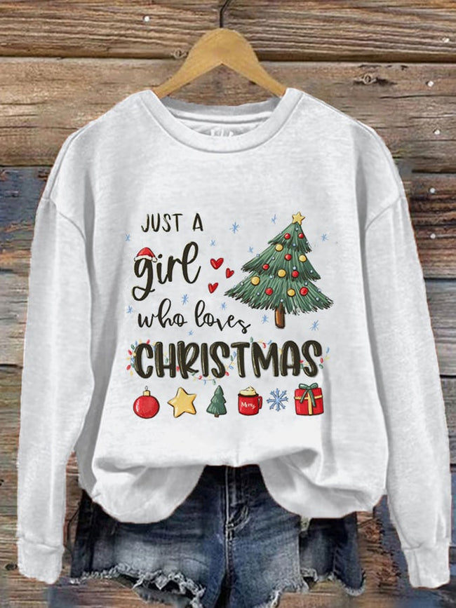 Women's Just A Girl Who Loves Christmas Print Crew Neck Sweatshirt