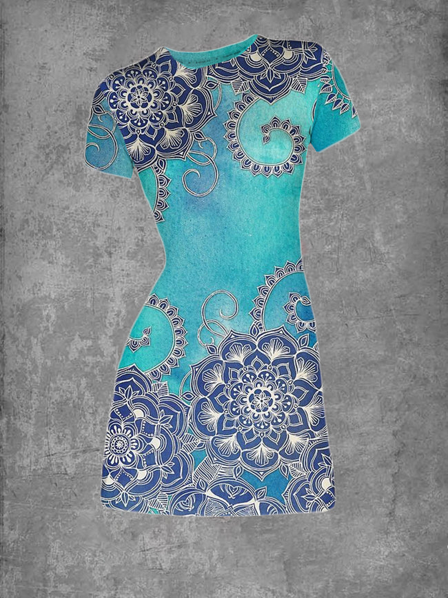 Vintage Elegant Round Neck Blue Flower Print T-Shirt Dress