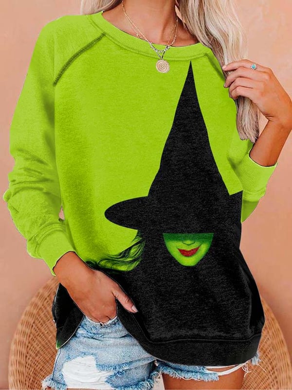 Women's Witch Print Casual Round Neck Sweatshirt.