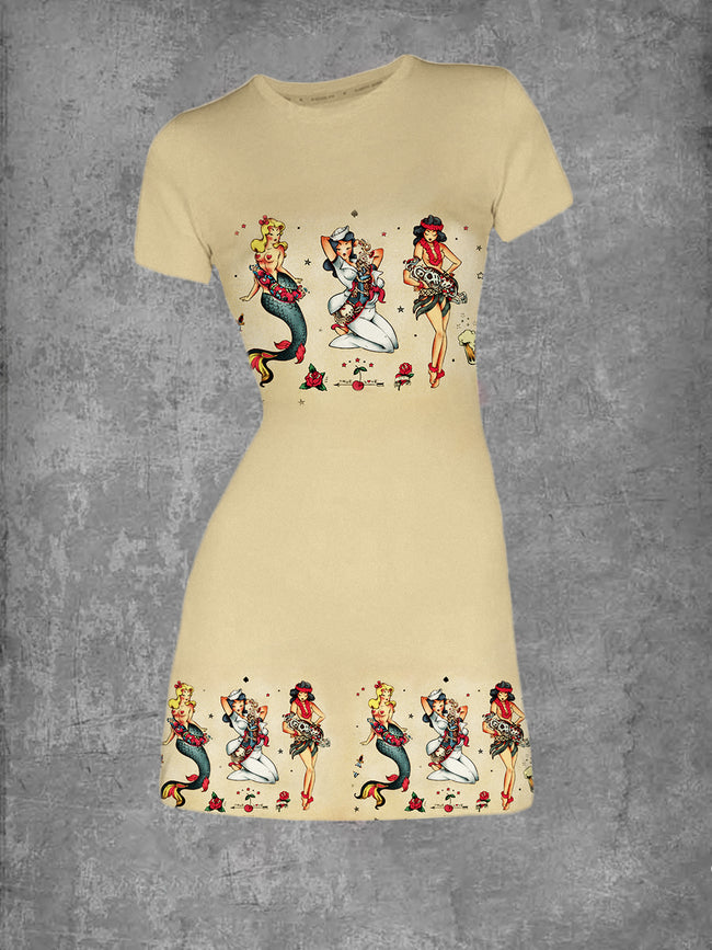 Vintage Girl Tattoo Graphic Crew Neck T-Shirt Dress