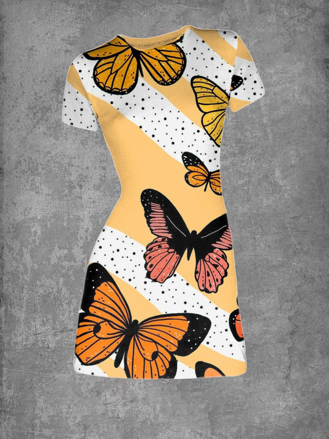 Vintage Round Neck Butterfly Print T-Shirt Dress