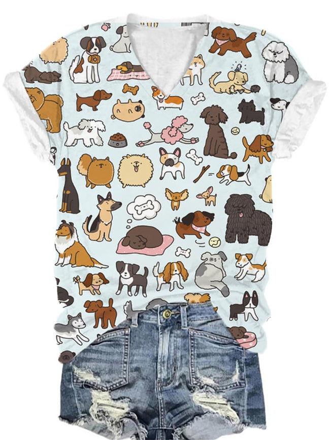 Women's Puppy Dog Print Crew Neck T-Shirt