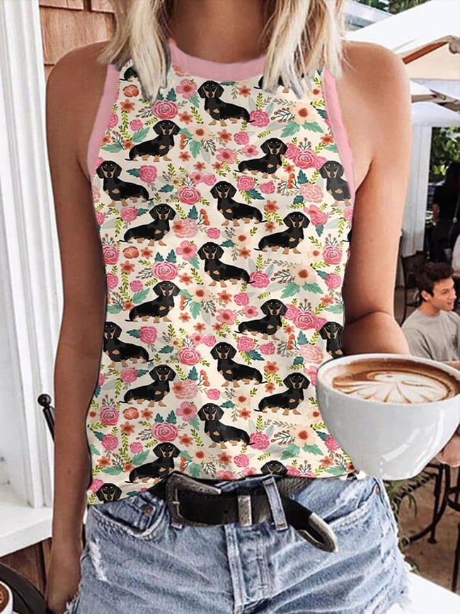 Women'S Pet Dachshund Floral Printed Sleeveless Vest