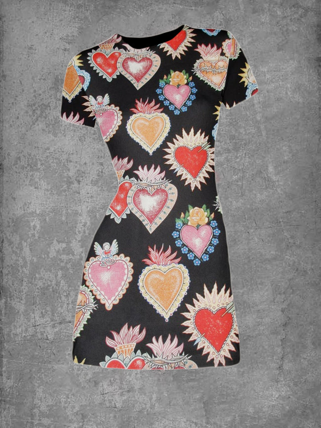 Vintage Elegant Round Neck Love Print T-Shirt Dress