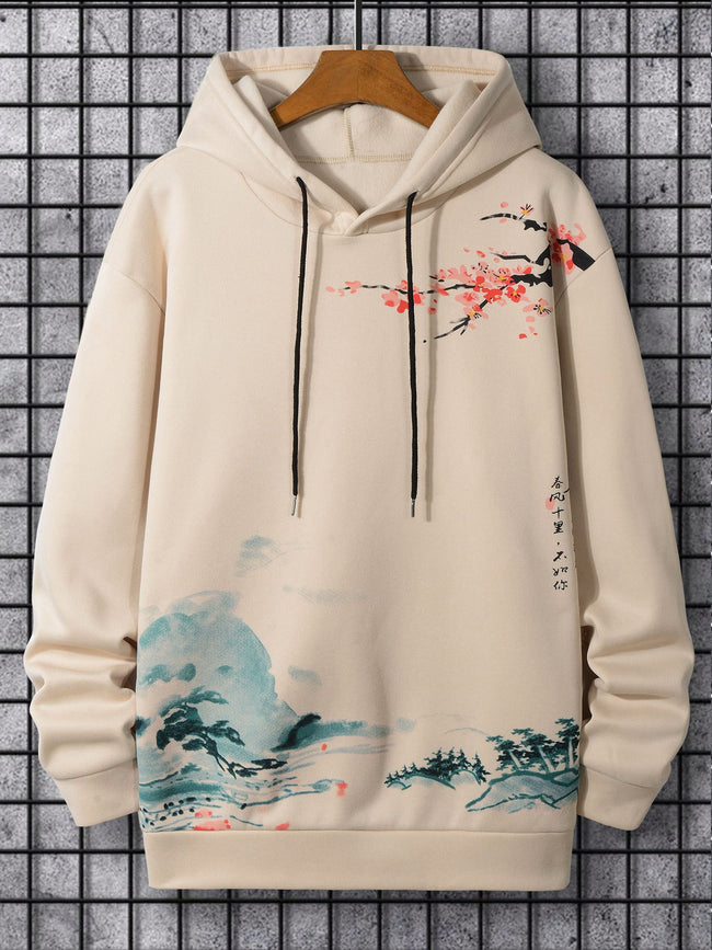 Men's Watercolor Blossom Mountain Art Painting Print Hoodie