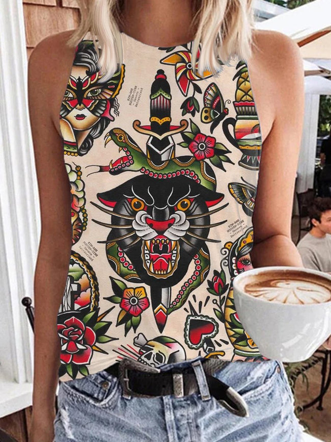 Women's Vintage Tiger Tattoo Print Tank Top