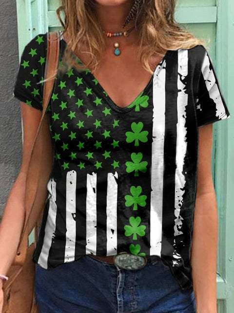 Women's St. Patrick's Day Flag Shamrock Print V-Neck Short Sleeve T-Shirt