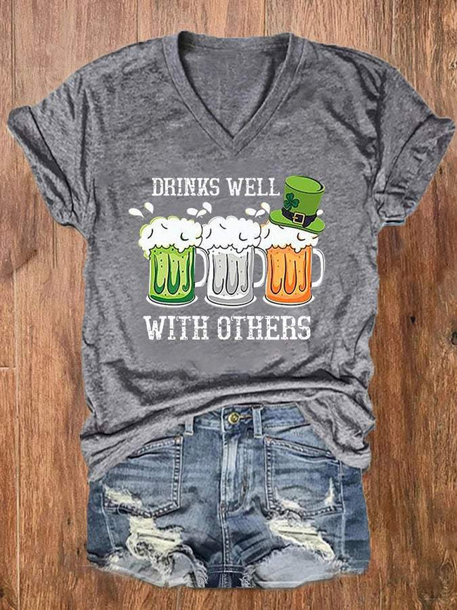 Women's St. Patrick's Day Drinks Well With Others V-Neck Tee