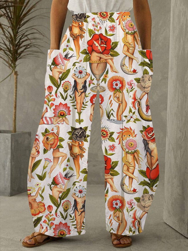 Vintage Women Body Tattoo Print Pants