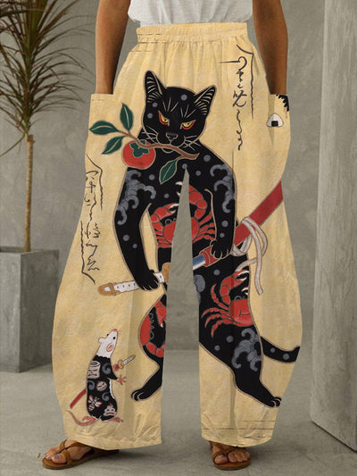 Vintage Japanese Samurai Cat Tattoo Print Pocket Lounge Pants