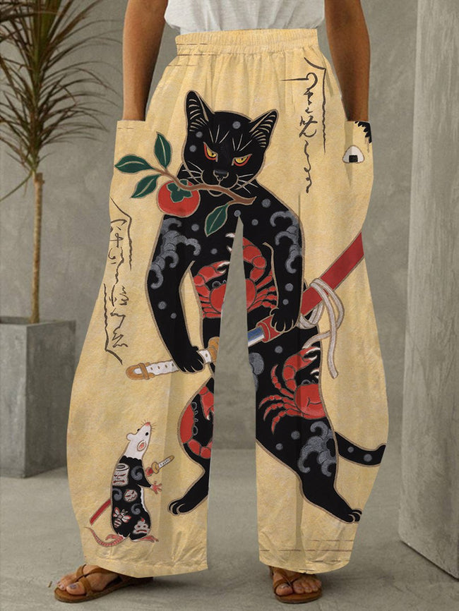 Vintage Japanese Samurai Cat Tattoo Print Pocket Lounge Pants