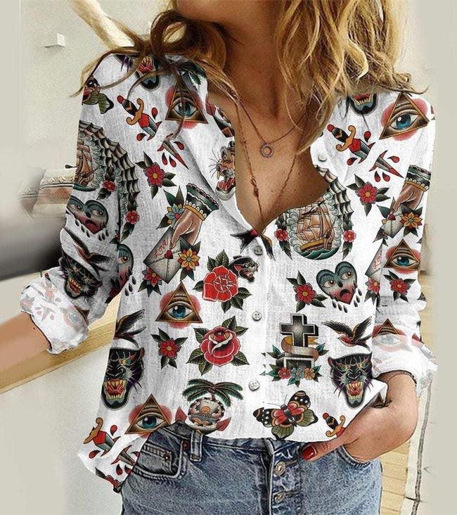 Vintage Old School Tattoo Print Casual Long Sleeve Shirt