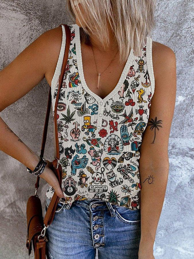 Women's Vintage Small Flash Art Print Ribbed Button V Neck Tank Top