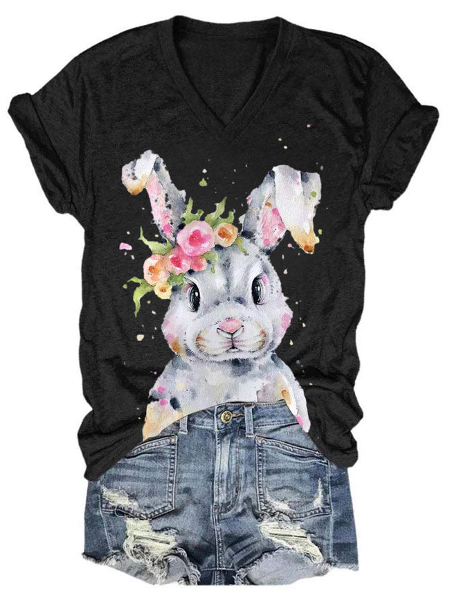 Women's Easter Bunny Print V Neck T-shirt