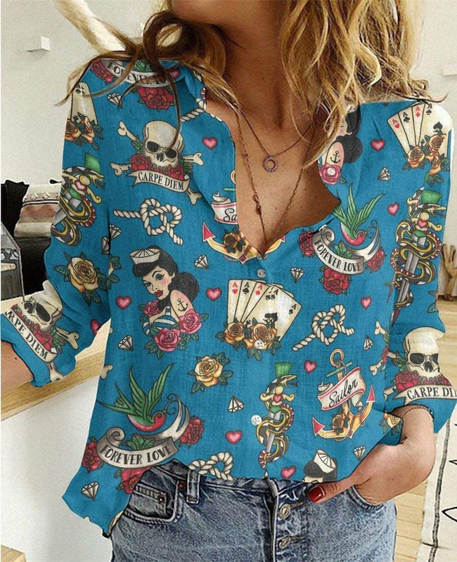 Skull Poker Girl Print Casual Long Sleeve Shirt