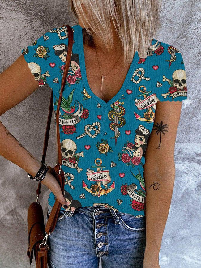 Vintage Skull Poker Girl Print Ribbed Button V Neck T-Shirt