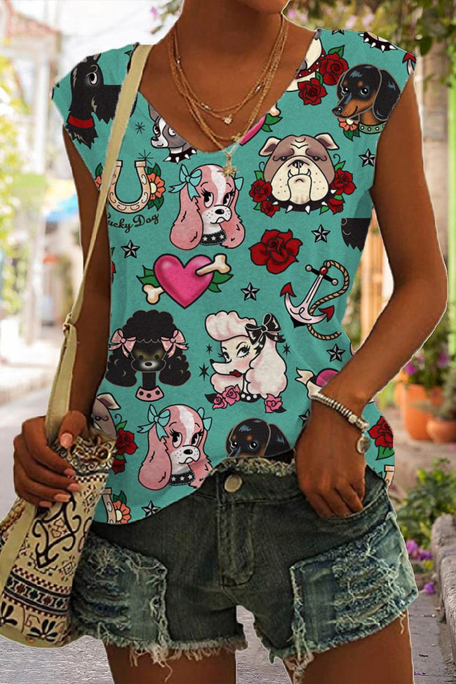 Women's Vintage Tattoo Pooch Print Sleeveless Tank Top