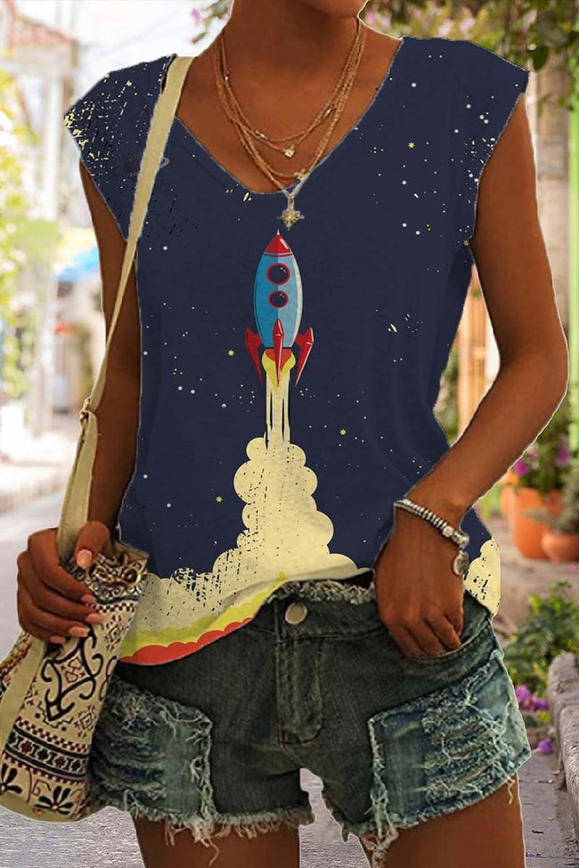 Women's Retro Rocket Print Sleeveless Tank Top