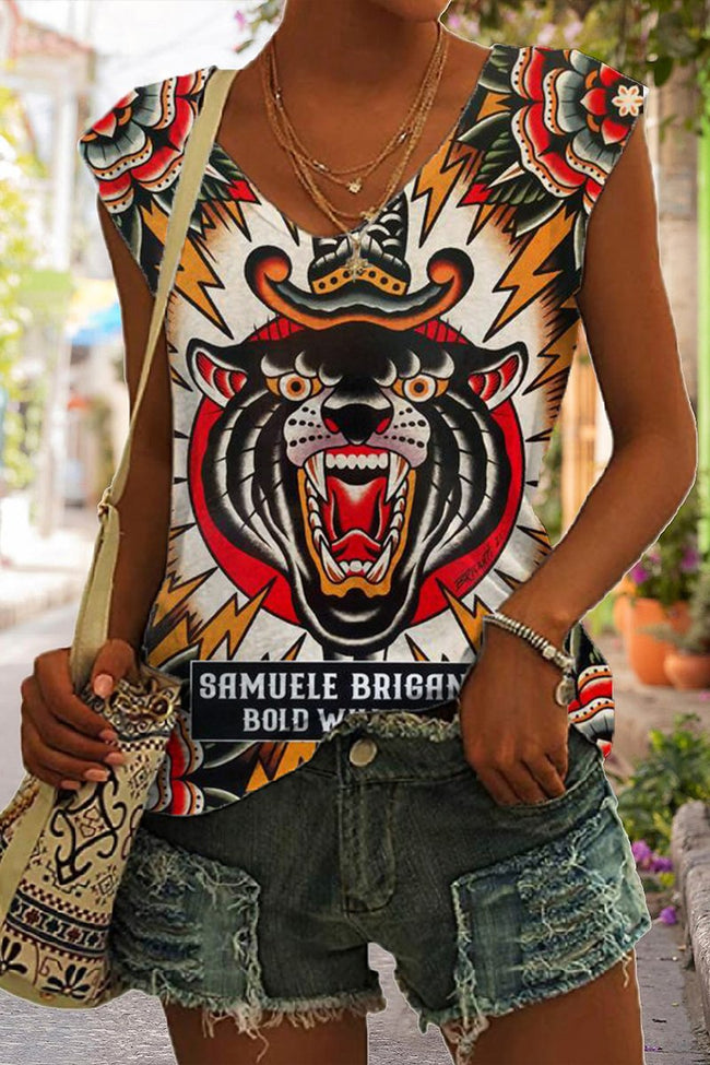 Women's Vintage Bold Will Hold Tiger Tattoo Print Sleeveless Tank Top