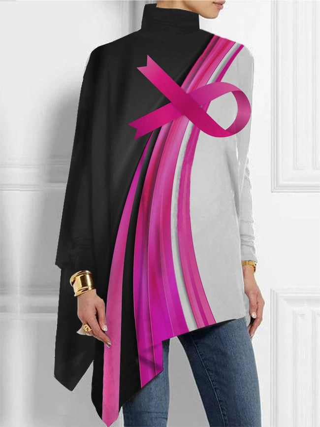 Breast Cancer Awareness Print  Asymmetrical Turtleneck Tunic Tops