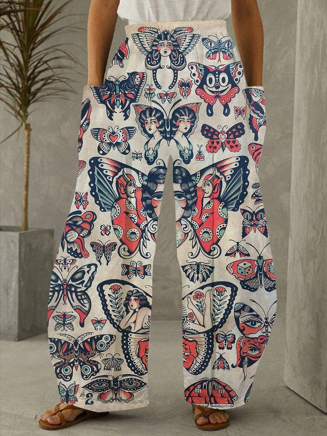 Vintage Butterfly Tattoo Print Pants