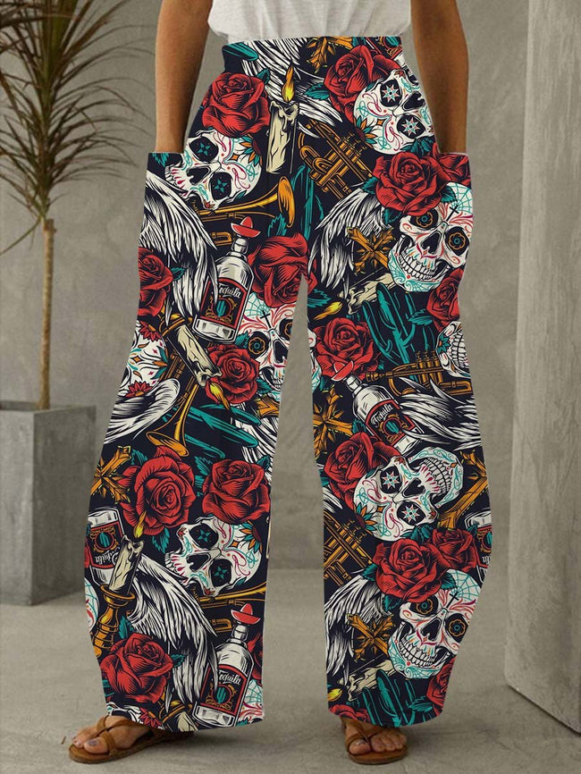 Skulls And Roses Print Pocket Lounge Pants