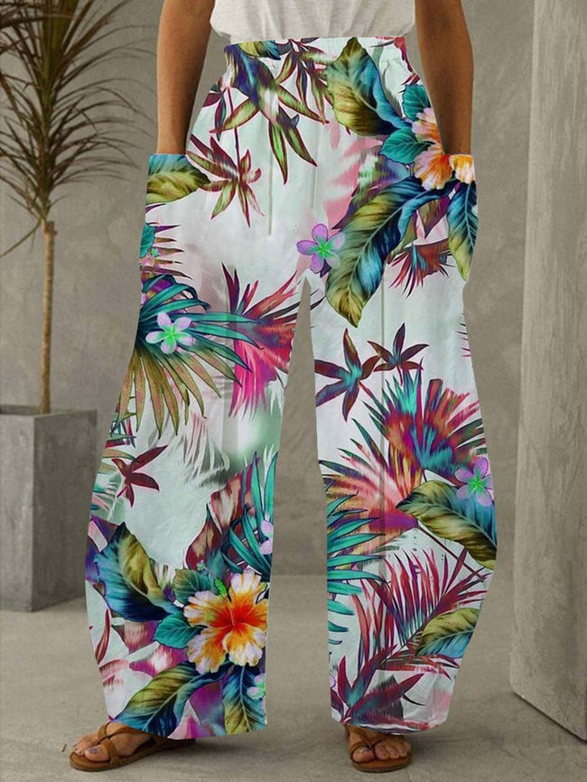 Tropical Plant Floral Print Pocket Lounge Pants