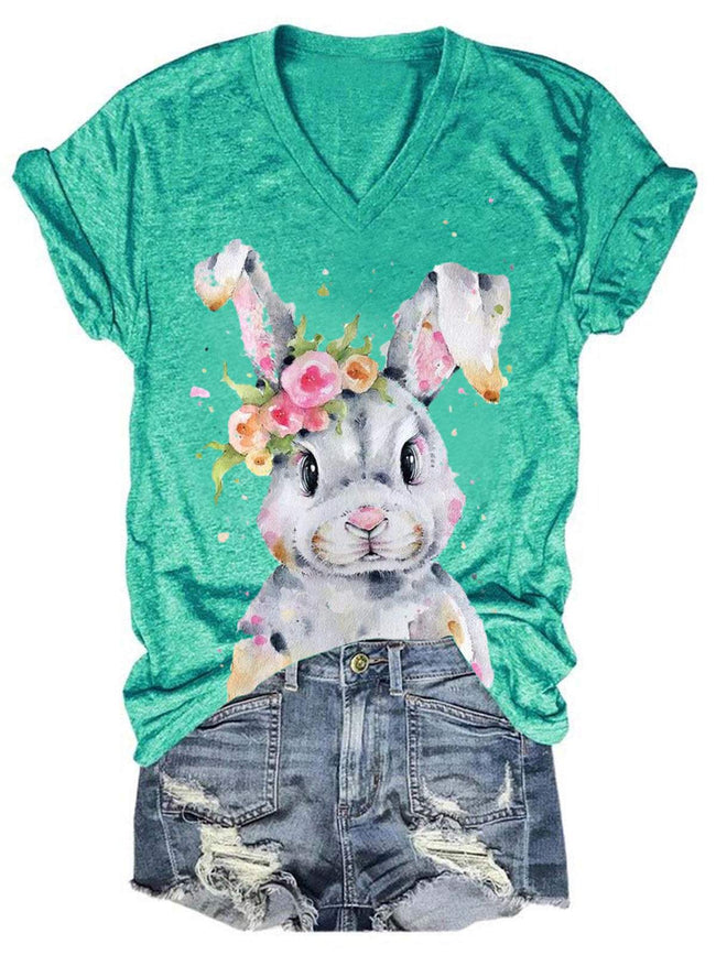 Women's Easter Bunny Print V Neck T-shirt