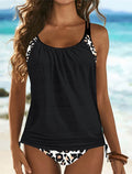 Side Ruched Splicing Striped Stars Two-Piece Tankini Set For Women