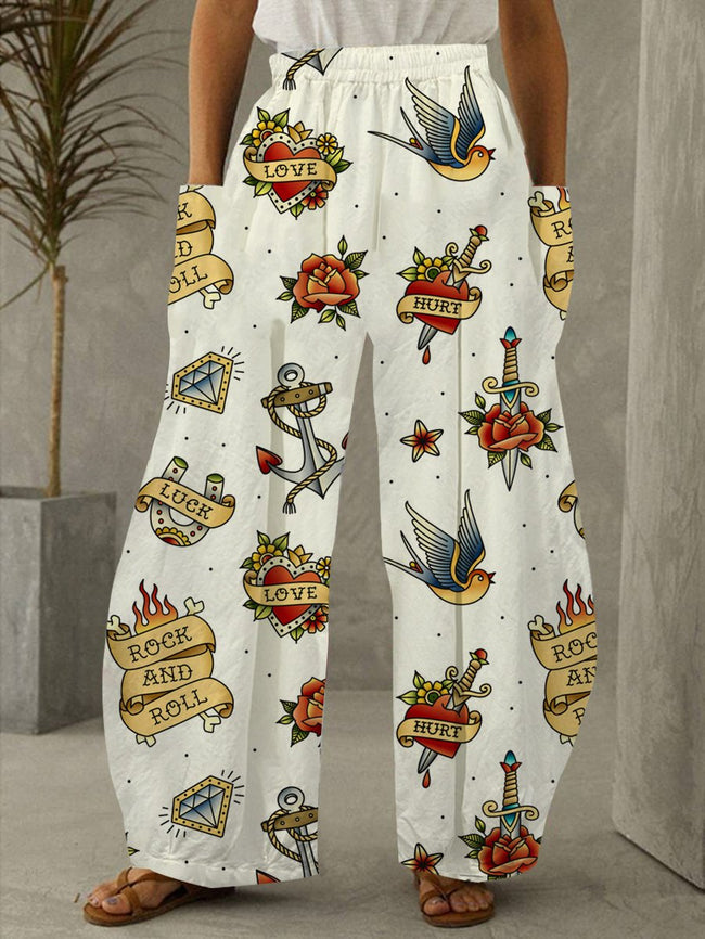 Women's Vintage Rock And Roll Print Pants