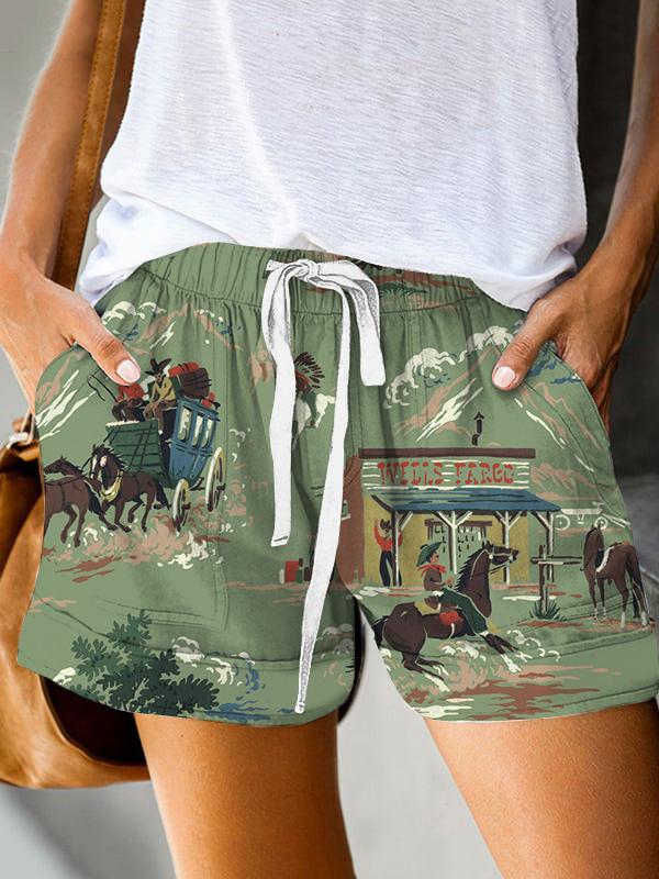 Women's Vintage Western Cowgirls Cowboys Print Shorts