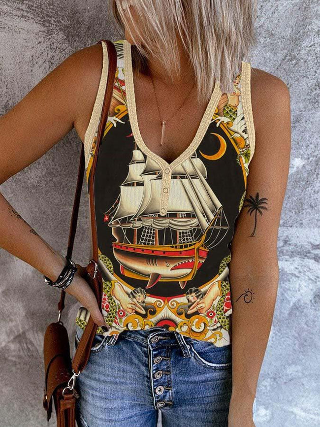 Women's Vintage Shark Printed Ribbed Button V Neck Tank Top