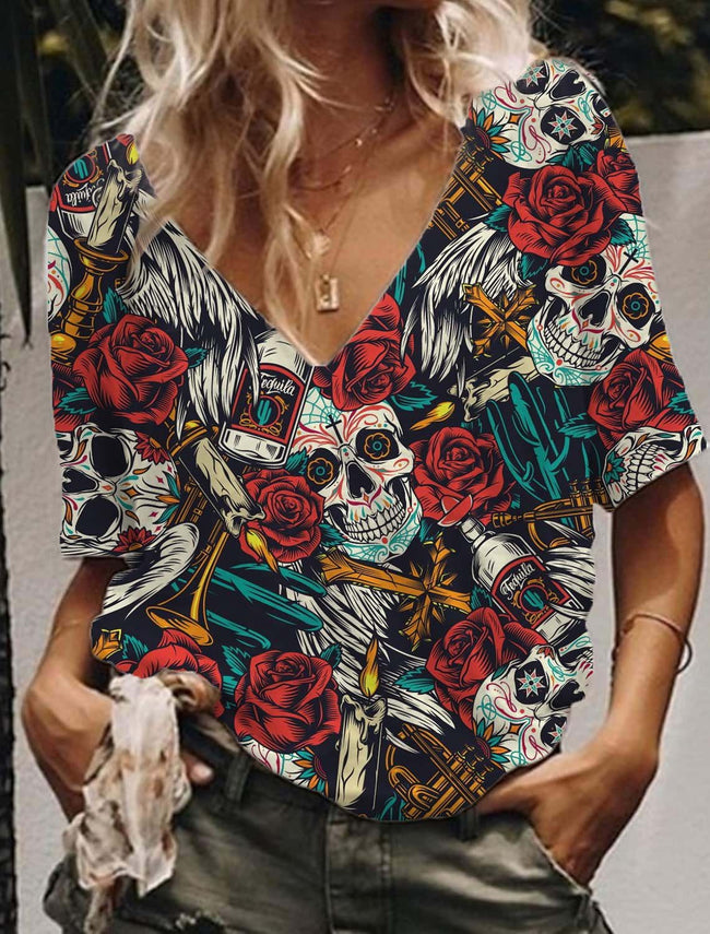 Women's Vintage Skulls And Roses V-Neck Drop Shoulder T-Shirt