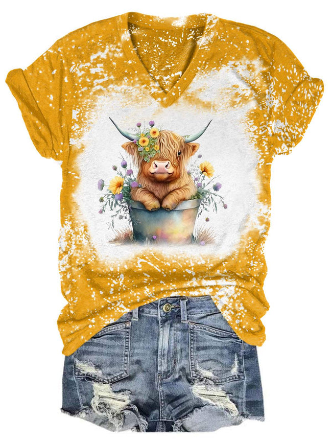 Baby Highland Cow Tie Dye V Neck T-shirt