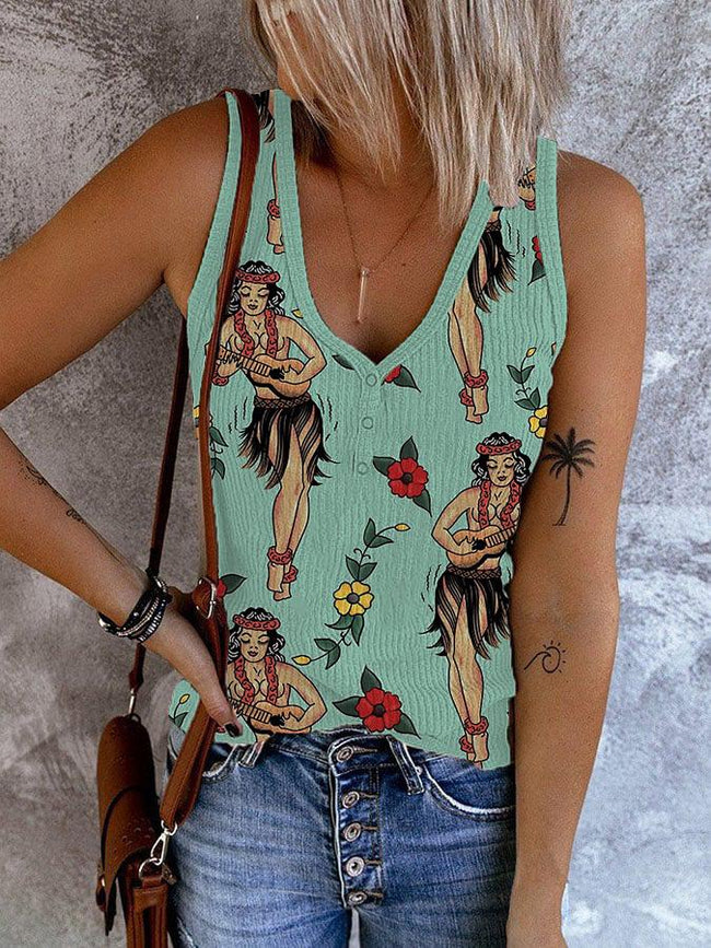 Women's Vintage Aloha Print Ribbed Button V Neck Tank Top