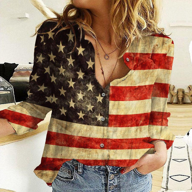 Vintage Old American Flag Patriotic Casual Long Sleeve Shirt