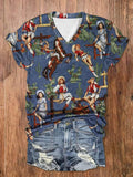 Vintage Western Cowboy Print V-Neck Tee For Women