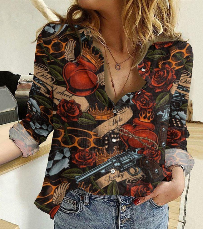 Vintage Old School Style Tattoos Print Casual Long Sleeve Shirt