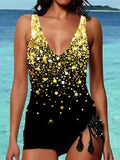 Womens Swimwear Pleated Glitter Pattern Color Block Tankini Two Piece Swimsuit