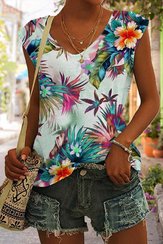 Women's Tropical Plant Floral Print Sleeveless Tank Top